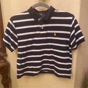 Vintage POLO RALPH LAUREN Women Blue White Striped Cut Off Crop Polo Top Size M